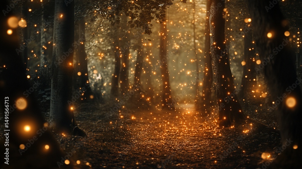 Naklejka premium Enchanted forest path illuminated by mystical floating lights