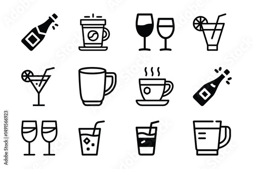 Set of party drink elements coffee cup, juice glasses, bottle, cocktails, mug icon vector illustration on white background.