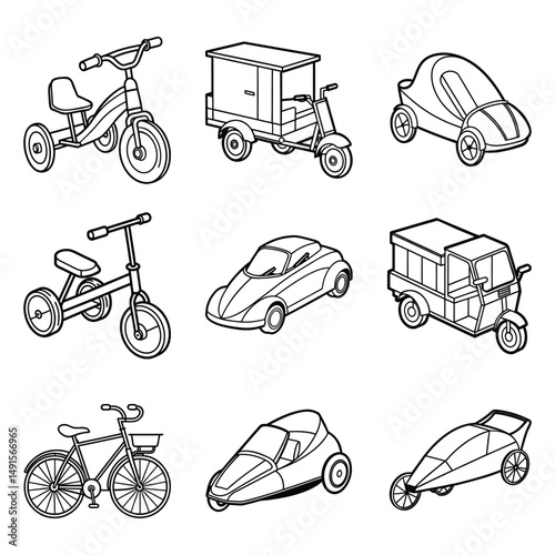 Set of passenger transport vehicle like bicycle, three wheel car line art vector illustration on white background.