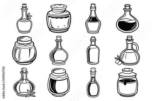 Set of perfume jar,sauce jar,bottle vector illustration on white background.