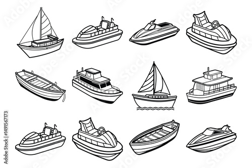 Set of personal vessel likes speedboat, sailboat, houseboat, boat, paddleboat, rowboat line art vector illustration on white background.