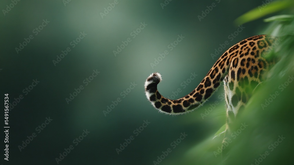 Fototapeta premium Jungle exploration minimal jaguar tail curving out from lush green bush nature photography close-up serene environment