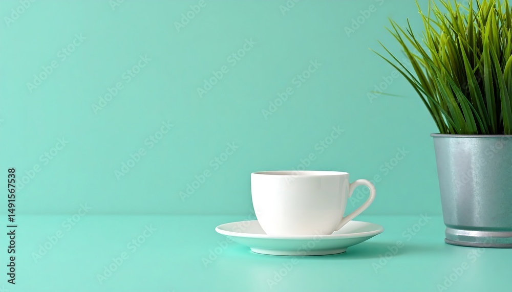 Obraz premium Serene Morning Coffee Break: A Minimalist Teal Setting