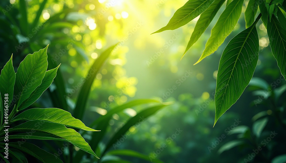 Fototapeta premium Green leaves in sunny forest