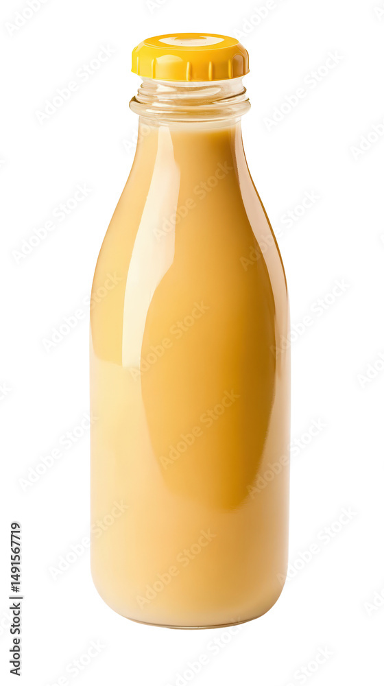 Clear glass bottle filled with creamy beige liquid beverage with yellow cap isolated on white background for dairy or drink product packaging presentation Clear glass bottle filled with creamy beige liquid beverage with yellow cap isolated on white background for dairy or drink product packaging presentation