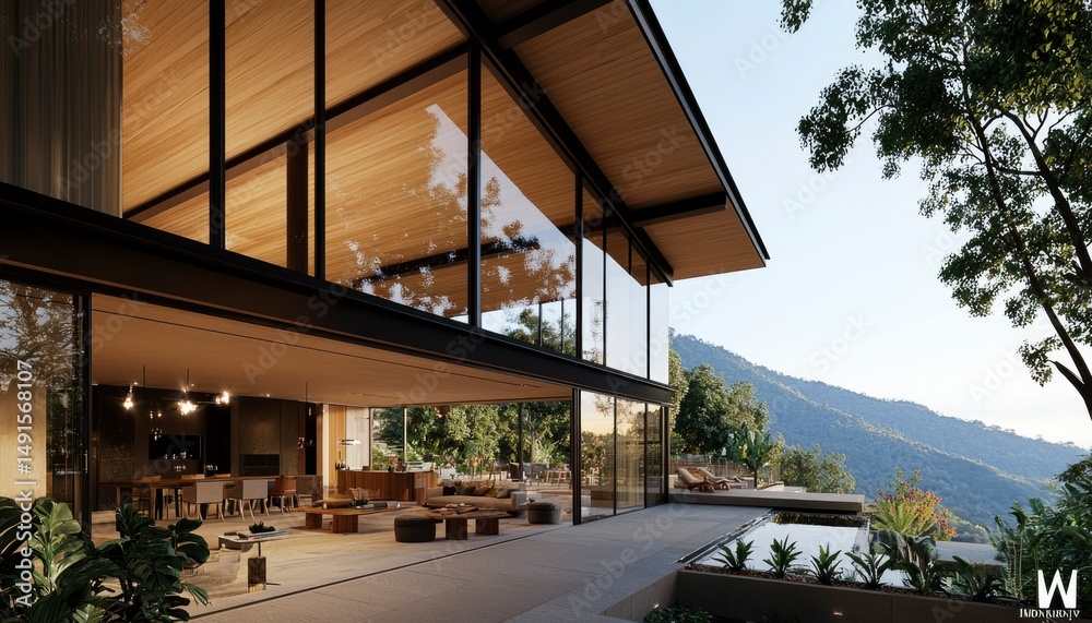 Fototapeta premium Modern house with glass walls, wooden beams, and mountain view