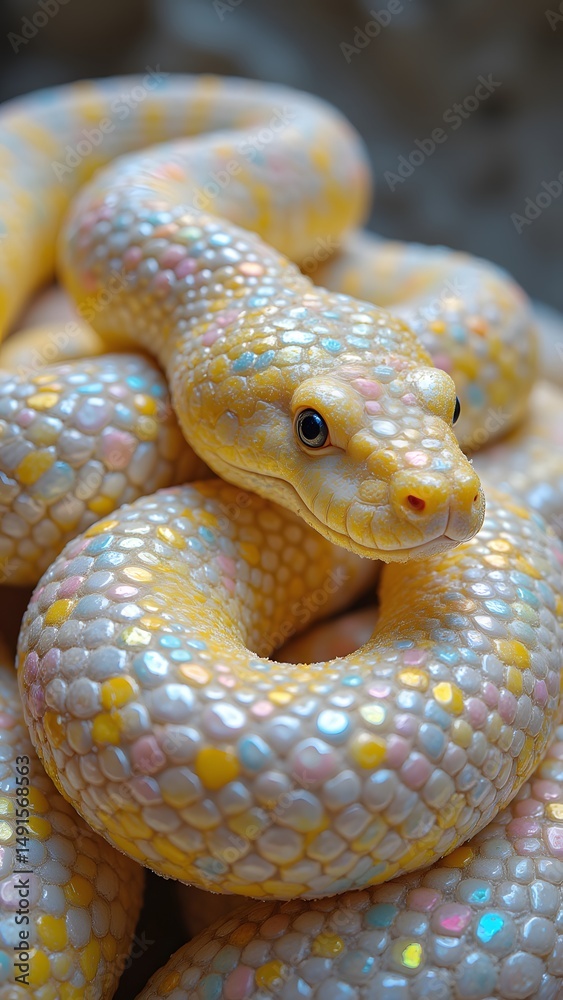 Fototapeta premium A mesmerizing pastel python, coiled elegantly, showcases its iridescent scales. The soft lighting enhances its delicate beauty, creating a captivating image.