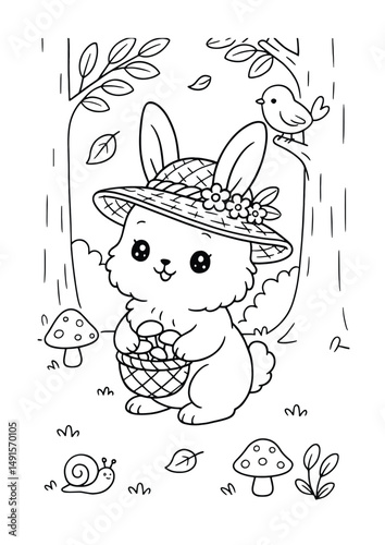Little bunny collecting mushrooms in the forest – Cute Kawaii Cartoon Style Coloring Page for Kids – Black and White Vector Line Art – AI-generated