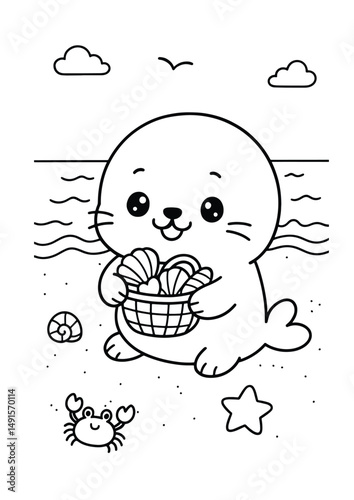 Seal collecting seashells on the beach – Cute Kawaii Cartoon Style Coloring Page for Kids – Black and White Vector Line Art – AI-generated