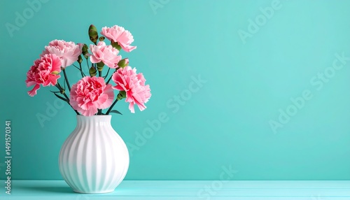 Wallpaper Mural Pink Carnations in a White Vase Against a Teal Background Torontodigital.ca