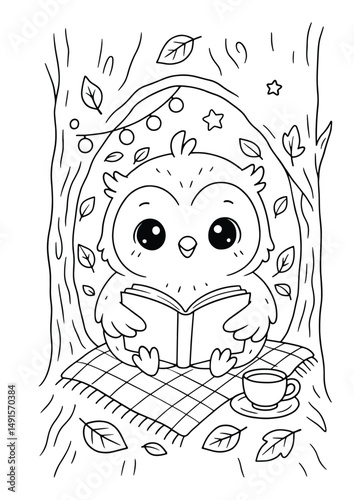 Owl reading a book inside a tree hollow – Cute Kawaii Cartoon Style Coloring Page for Kids – Black and White Vector Line Art – AI-generated