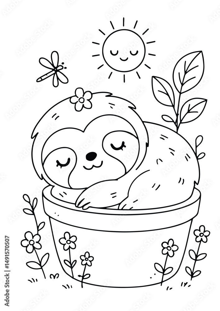 Obraz premium Sloth sleeping in a plant pot – Cute Kawaii Cartoon Style Coloring Page for Kids – Black and White Vector Line Art – AI-generated
