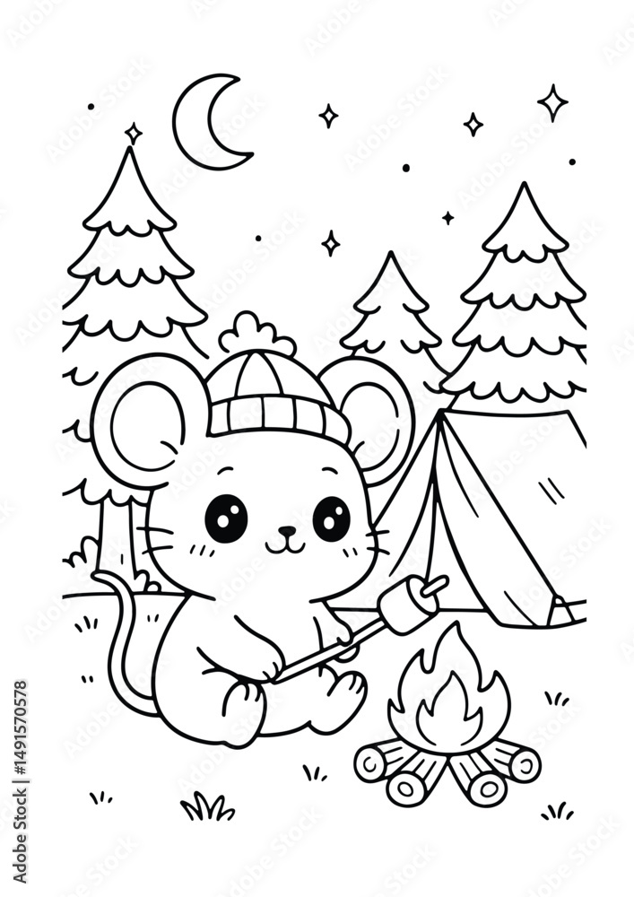 Fototapeta premium Mouse camping in the forest – Cute Kawaii Cartoon Style Coloring Page for Kids – Black and White Vector Line Art – AI-generated