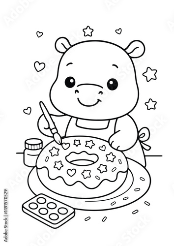 Mother hippo coloring donuts – Cute Kawaii Cartoon Style Coloring Page for Kids – Black and White Vector Line Art – AI-generated