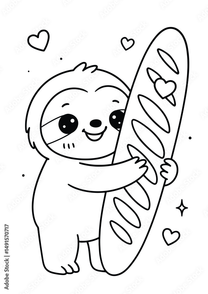 Naklejka premium Sloth holding a baguette – Cute Kawaii Cartoon Style Coloring Page for Kids – Black and White Vector Line Art – AI-generated