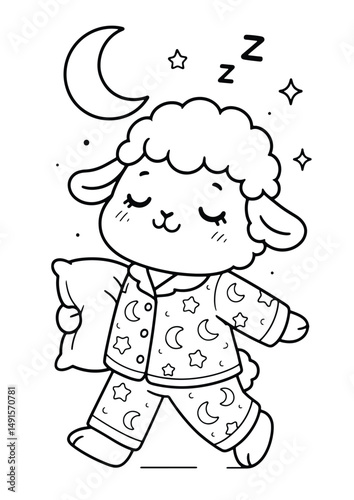 Sheep sleepwalking in pajamas – Cute Kawaii Cartoon Style Coloring Page for Kids – Black and White Vector Line Art – AI-generated