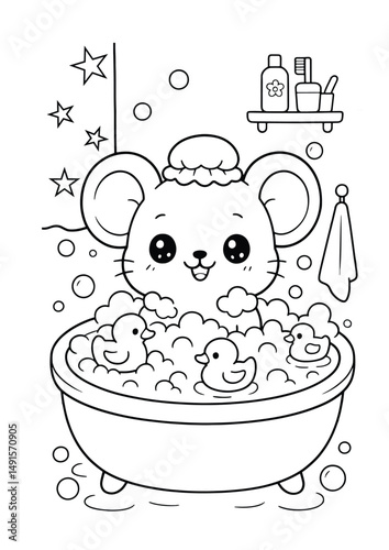 Mouse taking a bath with a rubber duck – Cute Kawaii Cartoon Style Coloring Page for Kids – Black and White Vector Line Art – AI-generated