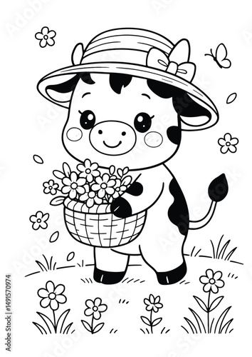 Cow wearing a hat collecting flowers in a basket – Cute Kawaii Cartoon Style Coloring Page for Kids – Black and White Vector Line Art – AI-generated