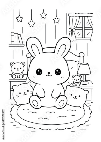Bunny relaxing in the bedroom – Cute Kawaii Cartoon Style Coloring Page for Kids – Black and White Vector Line Art – AI-generated