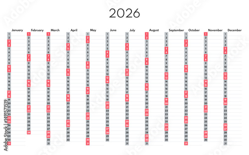 2026 12 months vertical planner, whole year blank calendar template, english month names, saturday sunday two weekends, white background, annual scheduler