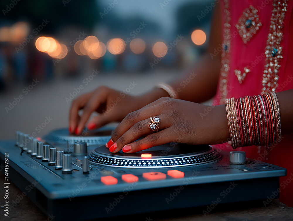 Fototapeta premium a creative shot of a dj in traditional punjabi clothing mixing traditional beats with electronic sou