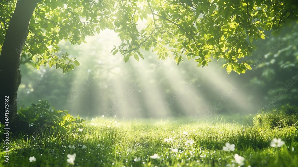 Obraz premium Sunlit Meadow, Rays of Light Through the Trees in a Verdant Landscape