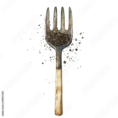 Garden Fork With Soil On Its Tines, watercolor drawing vector, high quality, isolated on a white background.