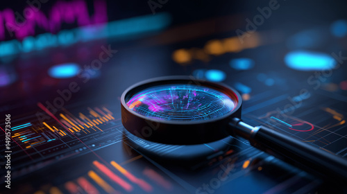 デジタルデータを分析する拡大鏡とインフォグラフィックス