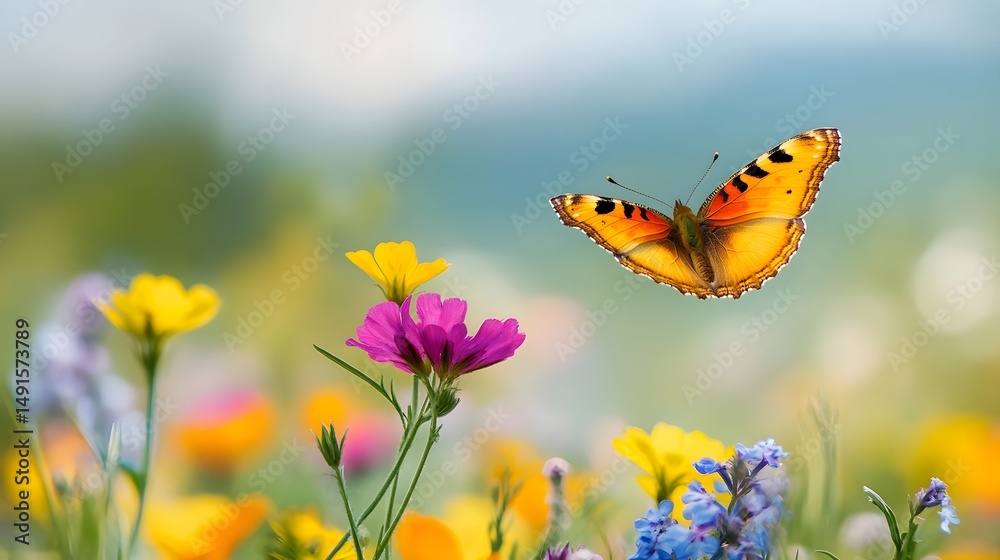 Obraz premium Butterfly hovering near vibrant wildflowers in a summer meadow