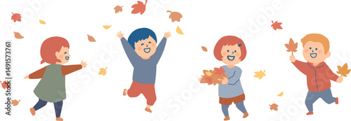 落ち葉で遊ぶ子供たち