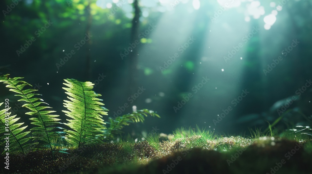 Fototapeta premium Lush forest floor, sunbeams