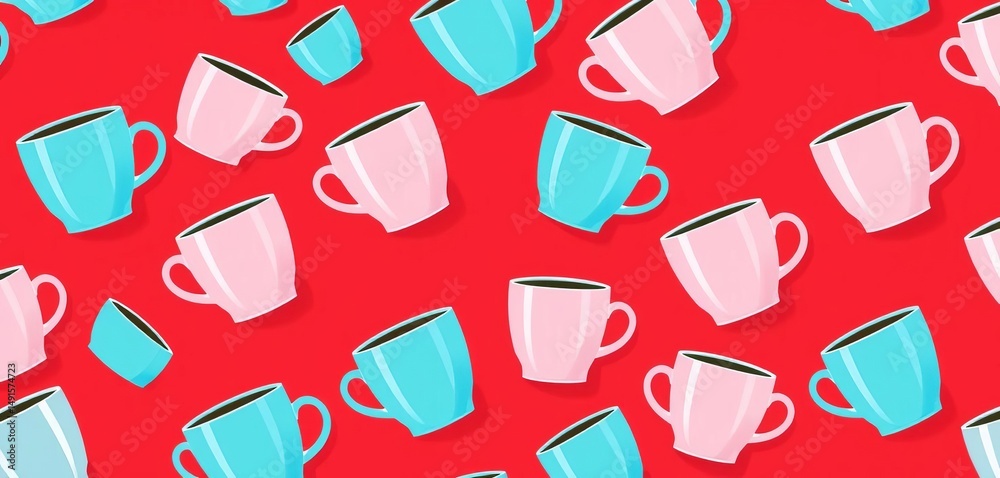 Seamless vector pattern of pink and blue coffee cups on a red background, print, morning Seamless vector pattern of pink and blue coffee cups on a red background, print, morning