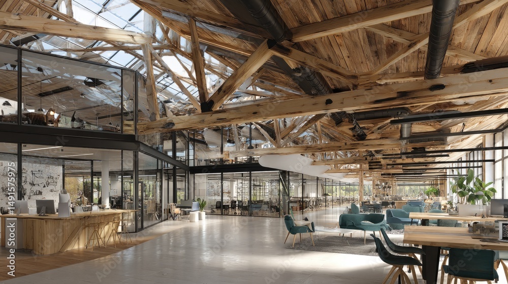 Modern loft office interior with natural light and exposed wooden beams. Modern loft office interior with natural light and exposed wooden beams.