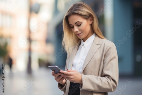 A woman in a beige blazer and black pants stands in front of a blurred cityscape, holding a smartphone in her right hand. Free Download A woman in a beige blazer and black pants stands in front of a blurred cityscape, holding a smartphone in her right hand. - GFXLoad
