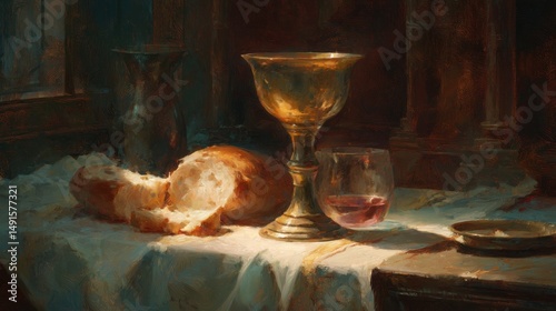 Golden Chalice and Bread on Table Still Life Oil Painting Style Close Up Indoors Religious Symbolism