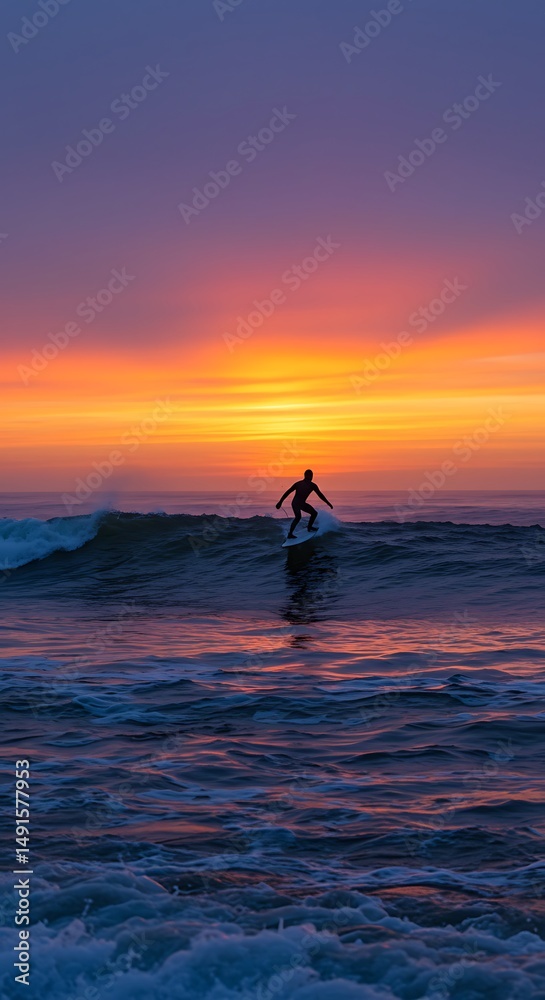 Naklejka premium Sunset Surfer's Silhouette AI Generated