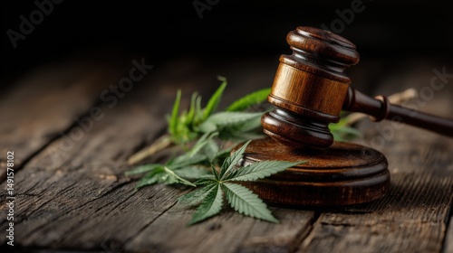 Gavel and Cannabis Leaves on Rustic Wood Surface Close Up Legalization Concept Still Life