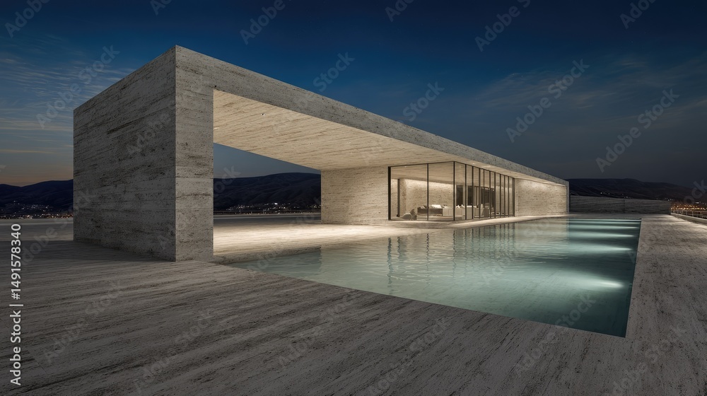 Modern Minimalist Villa Poolside Serenity at Twilight. Modern Minimalist Villa Poolside Serenity at Twilight.