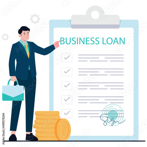 Business Services Illustration. Vector illustration of A businessman explains a business loan contract with financial documents. Isolated on background