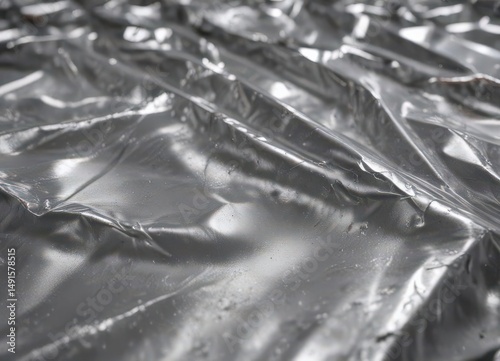 Wrinkled silver foil, rich metallic sheen, dramatic light reflections ,  shine,  smooth