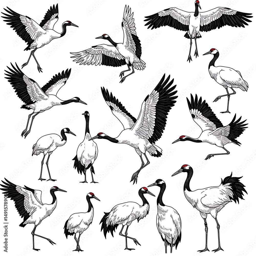 Naklejka premium Crane Dance: Ink & Quill