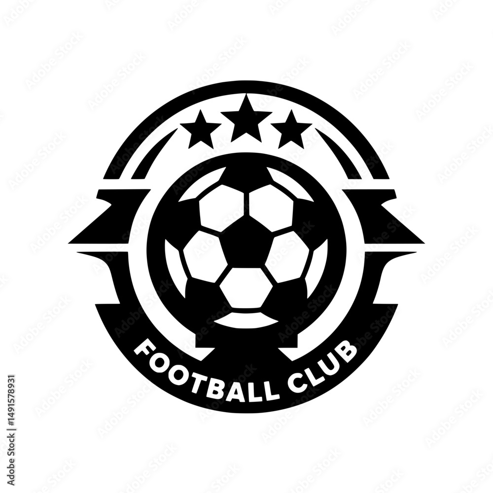 Fototapeta premium Black Bold Vector Football Club Logo with Ball and Three Stars