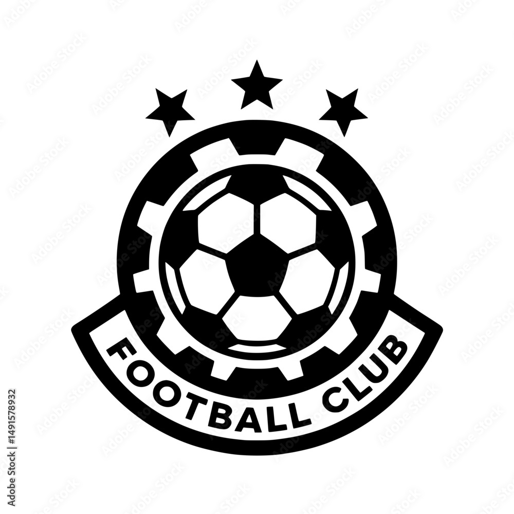 Fototapeta premium Black Bold Vector Football Club Logo with Ball and Three Stars