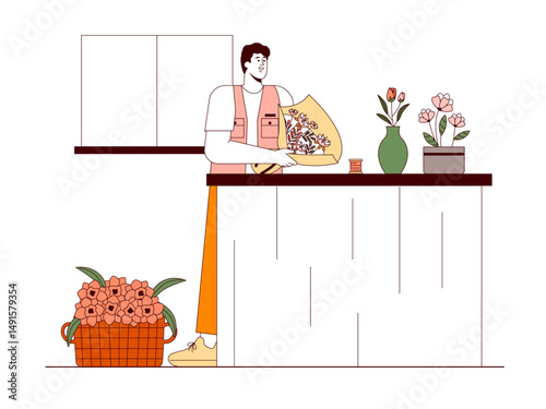 Florist making bouquet on special table. Florist illustration. Flat outline vector illustration concept.	