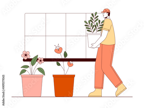 Florist carrying big pot to put next to other pots. Florist illustration. Flat outline vector illustration concept.	