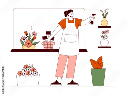 Florist carrying water sprayer for selling flowers. Florist illustration. Flat outline vector illustration concept.	