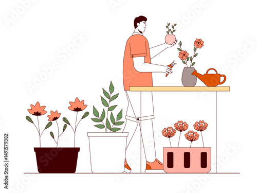 Florist holding cutting pliers and leaf pot. Florist illustration. Flat outline vector illustration concept.	