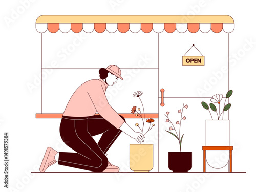 Florist will pick up flowers for buyer's order. Florist illustration. Flat outline vector illustration concept.	