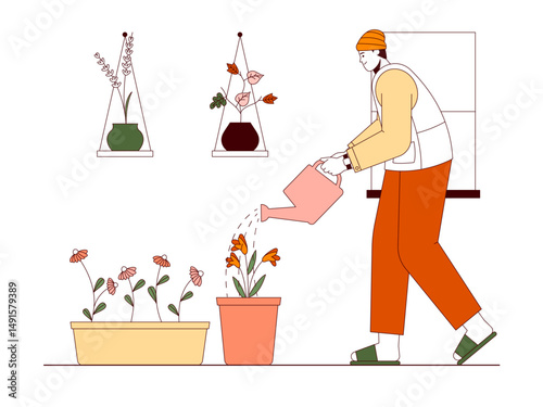 Florist watering flowers in pots placed below. Florist illustration. Flat outline vector illustration concept.	