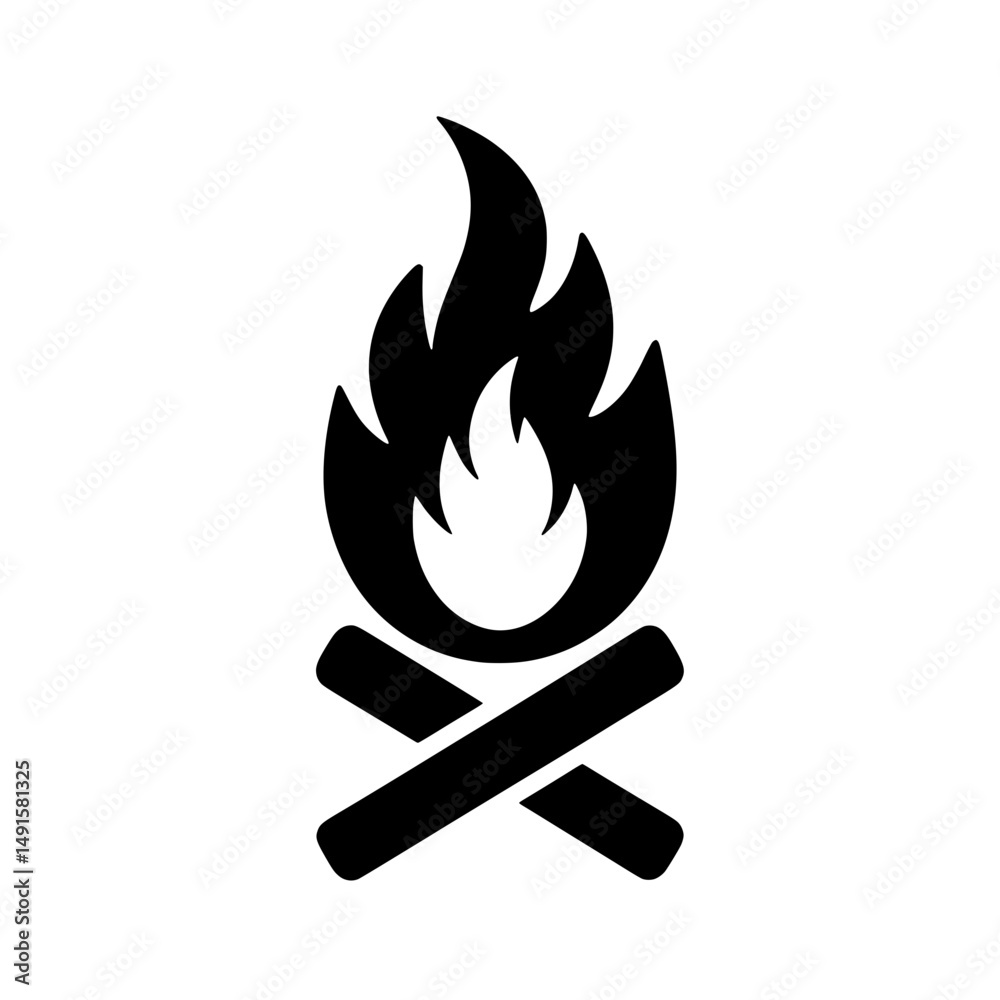 Flat Black Bold Vector Illustration of a Campfire Icon